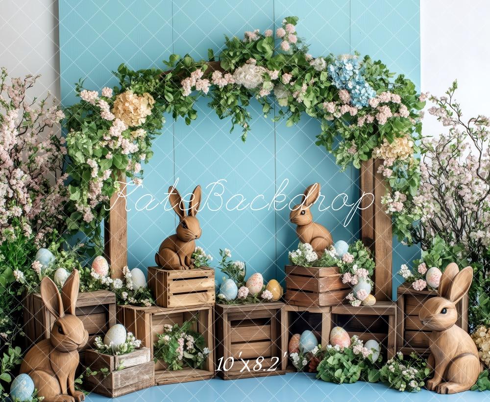 Kate Ostern Hase Blumen Bogen Rustikal Hintergrund Entworfen von Patty Robert - Kate Backdrop.de
