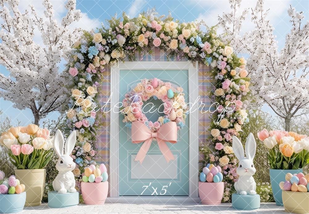 Kate Ostern im Freien Hase Blumenbogen hintergrund Entworfen von Mini MakeBelieve