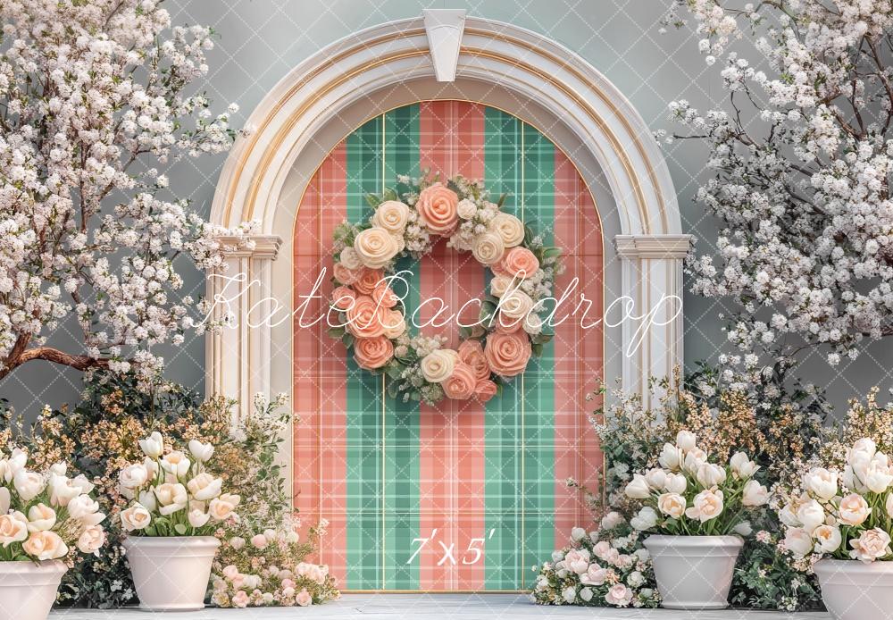 Kate Ostern Blumen Plaid Bogen Frühling Hintergrund Entworfen von Mini MakeBelieve - Kate Backdrop.de