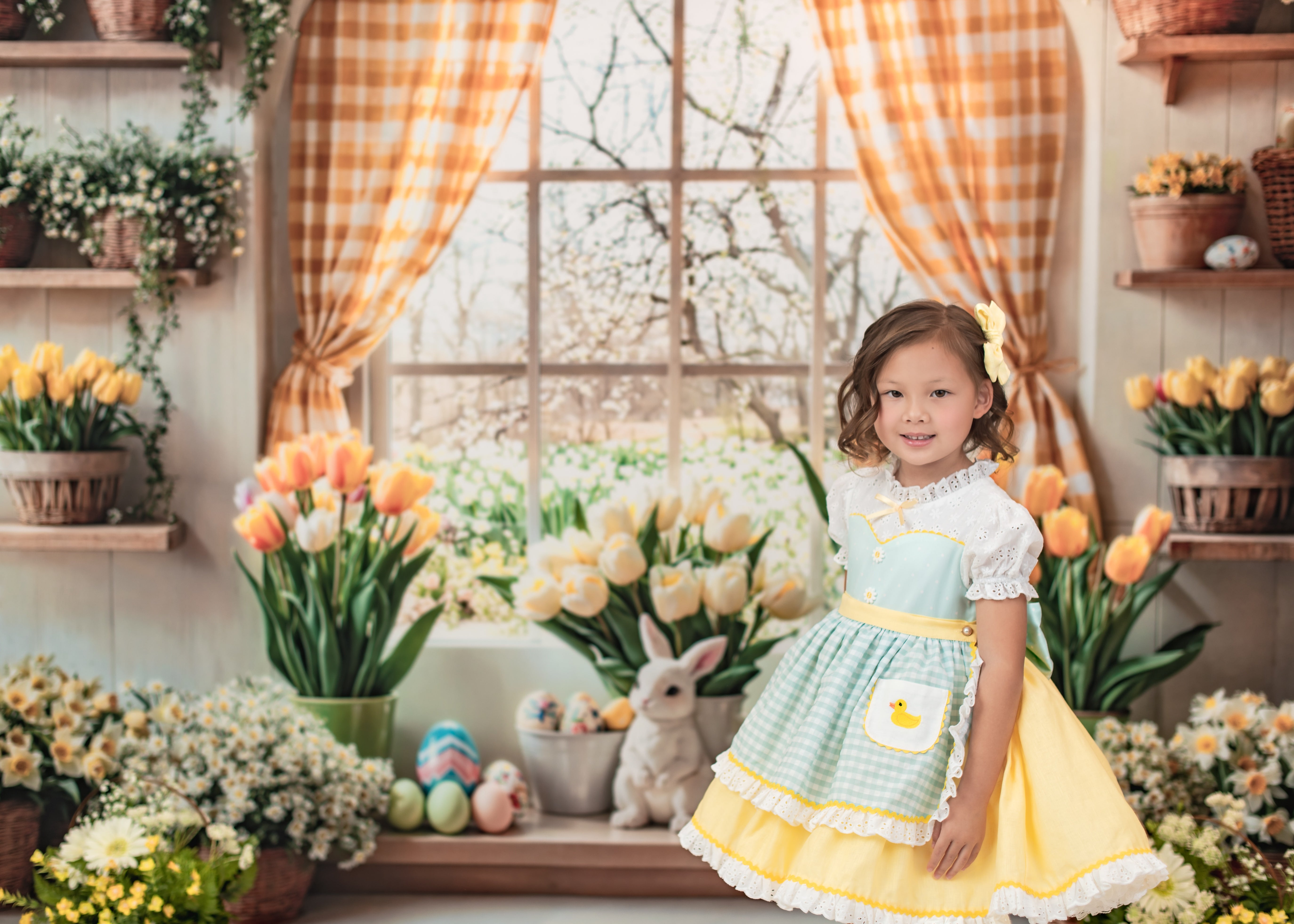 Kate Ostern Hase Blumen Fenster Vorhang Hintergrund entworfen von Emetselch - Kate Backdrop.de