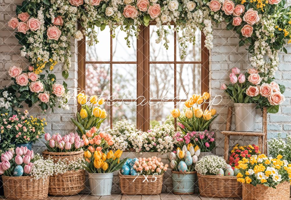 Kate Ostern Hase Blumen Fenster Vorhang Hintergrund entworfen von Emetselch - Kate Backdrop.de
