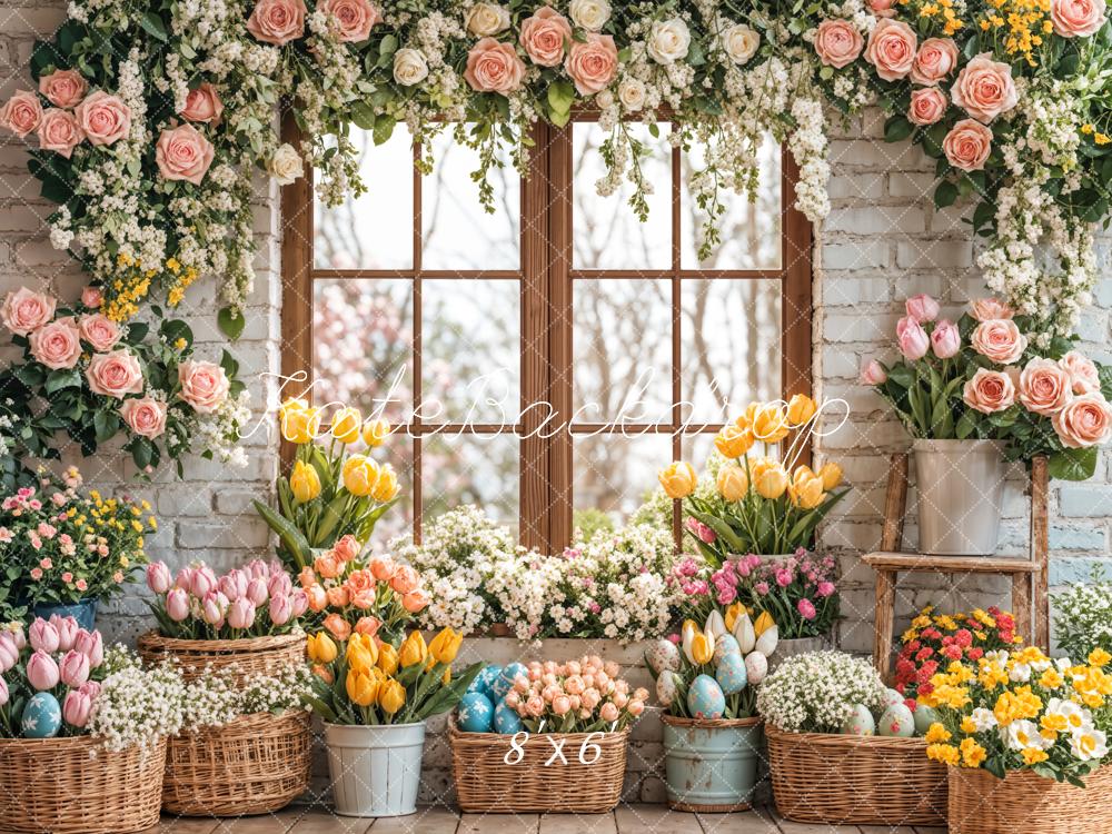 Kate Ostern Hase Blumen Fenster Vorhang Hintergrund entworfen von Emetselch - Kate Backdrop.de