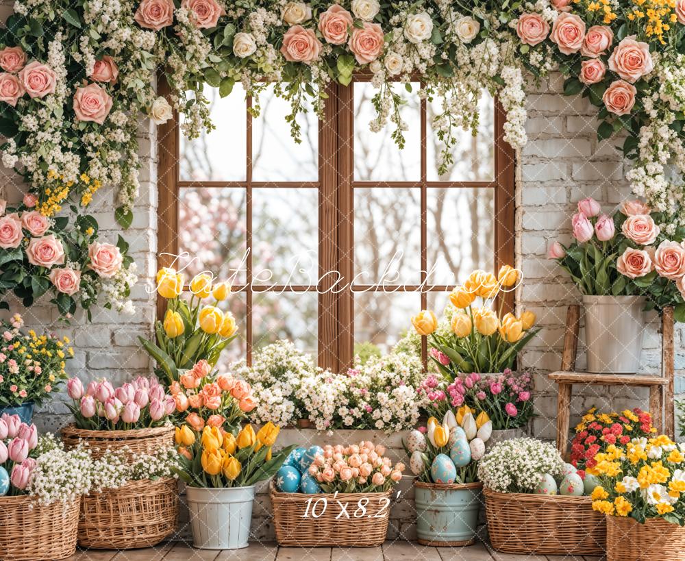 Kate Ostern Hase Blumen Fenster Vorhang Hintergrund entworfen von Emetselch - Kate Backdrop.de