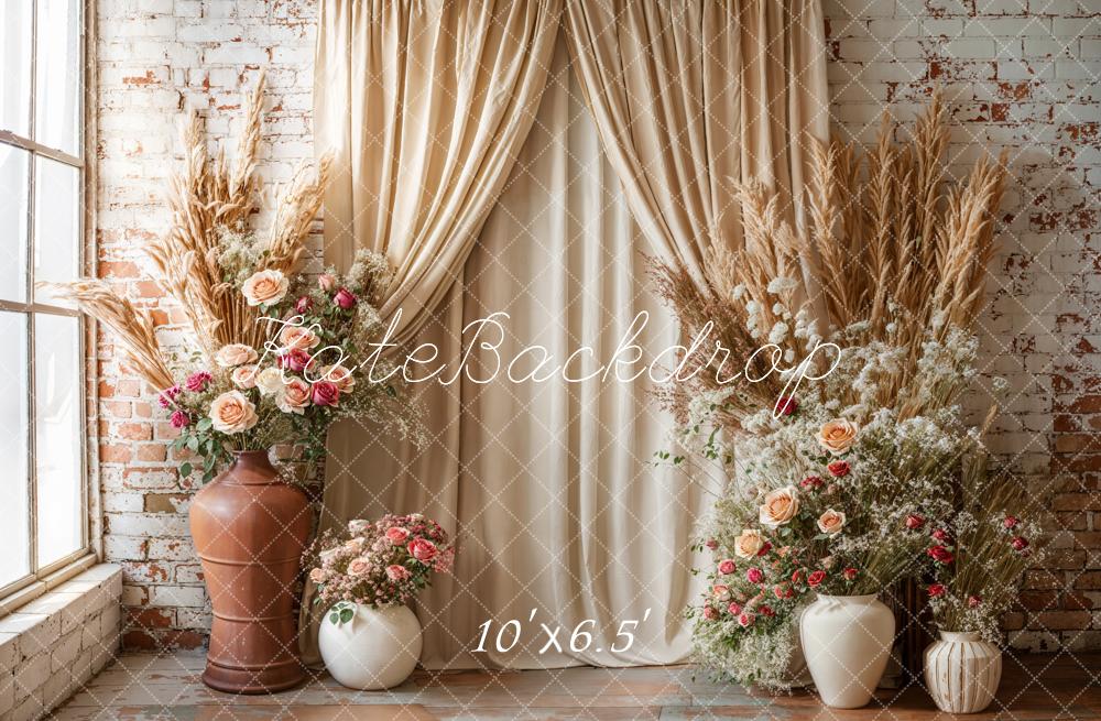 Kate Boho Blumen Vorhänge Ziegelmauer Hintergrund entworfen von Emetselch - Kate Backdrop.de