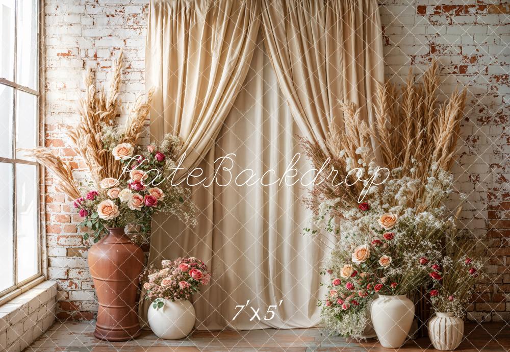 Kate Boho Blumen Vorhänge Ziegelmauer Hintergrund entworfen von Emetselch - Kate Backdrop.de