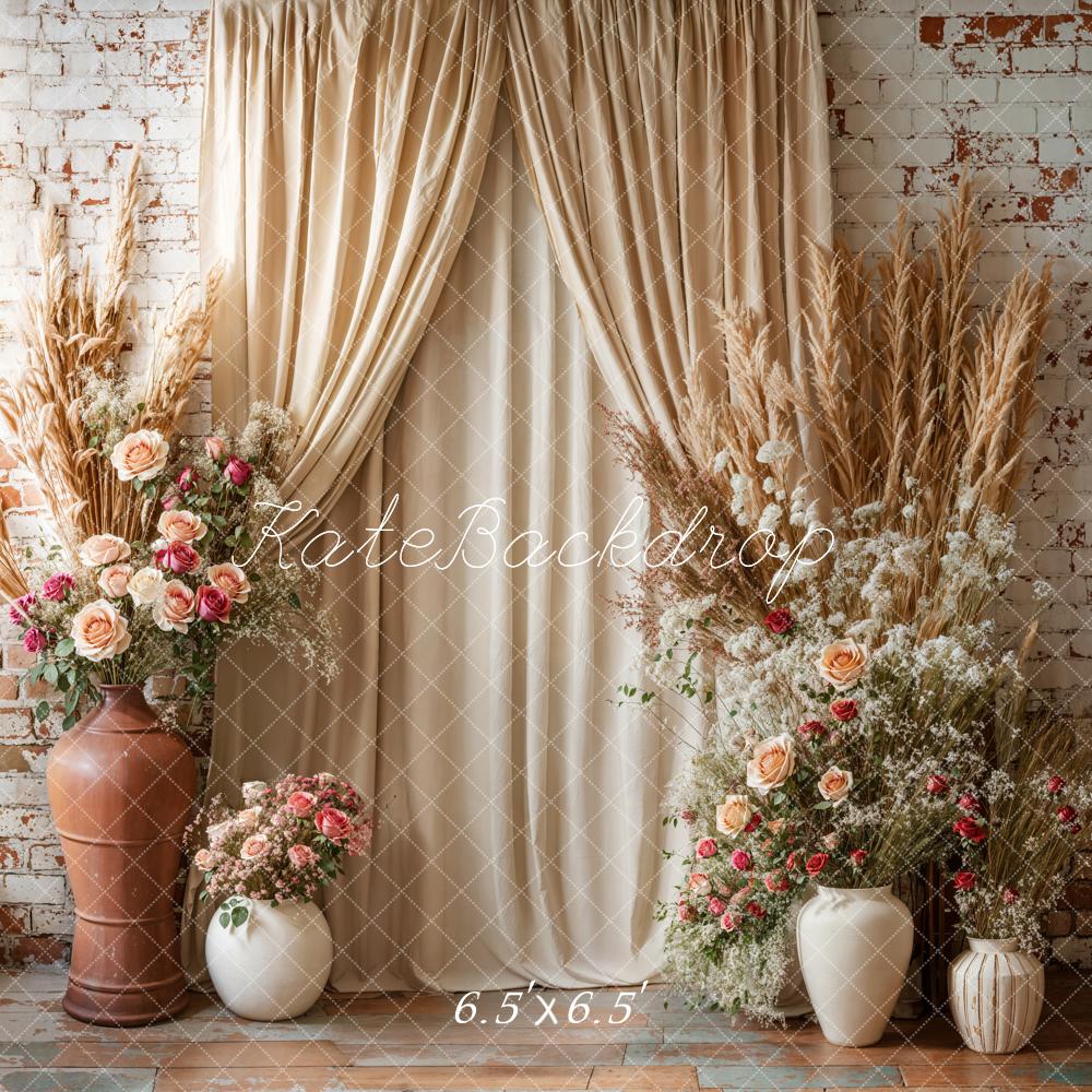 Kate Boho Blumen Vorhänge Ziegelmauer Hintergrund entworfen von Emetselch - Kate Backdrop.de