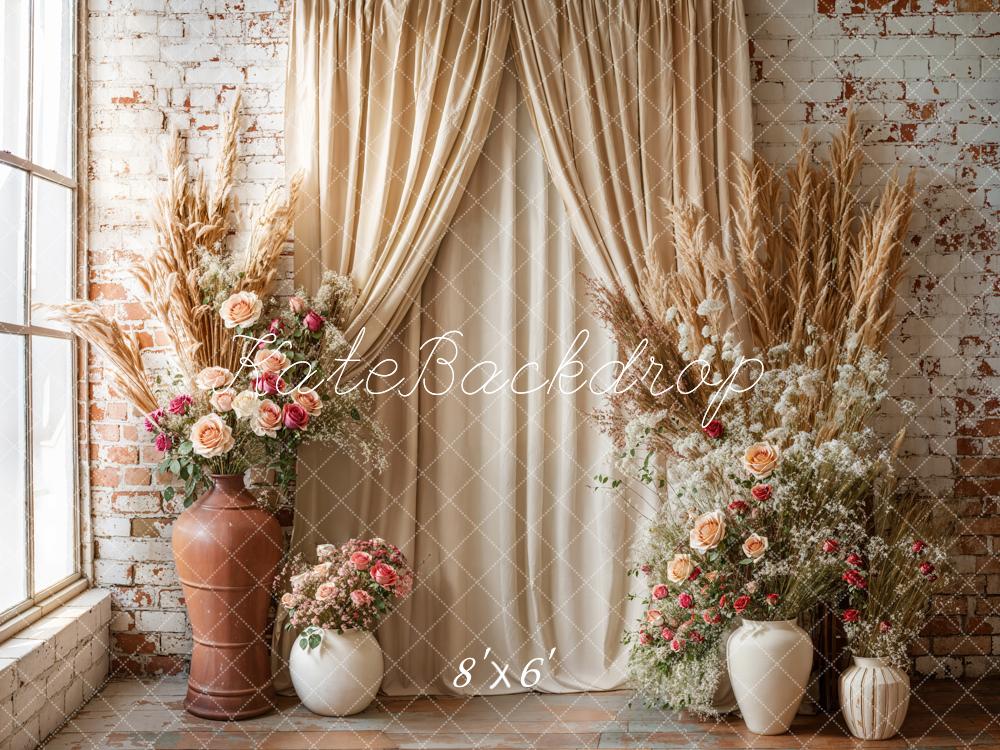 Kate Boho Blumen Vorhänge Ziegelmauer Hintergrund entworfen von Emetselch - Kate Backdrop.de