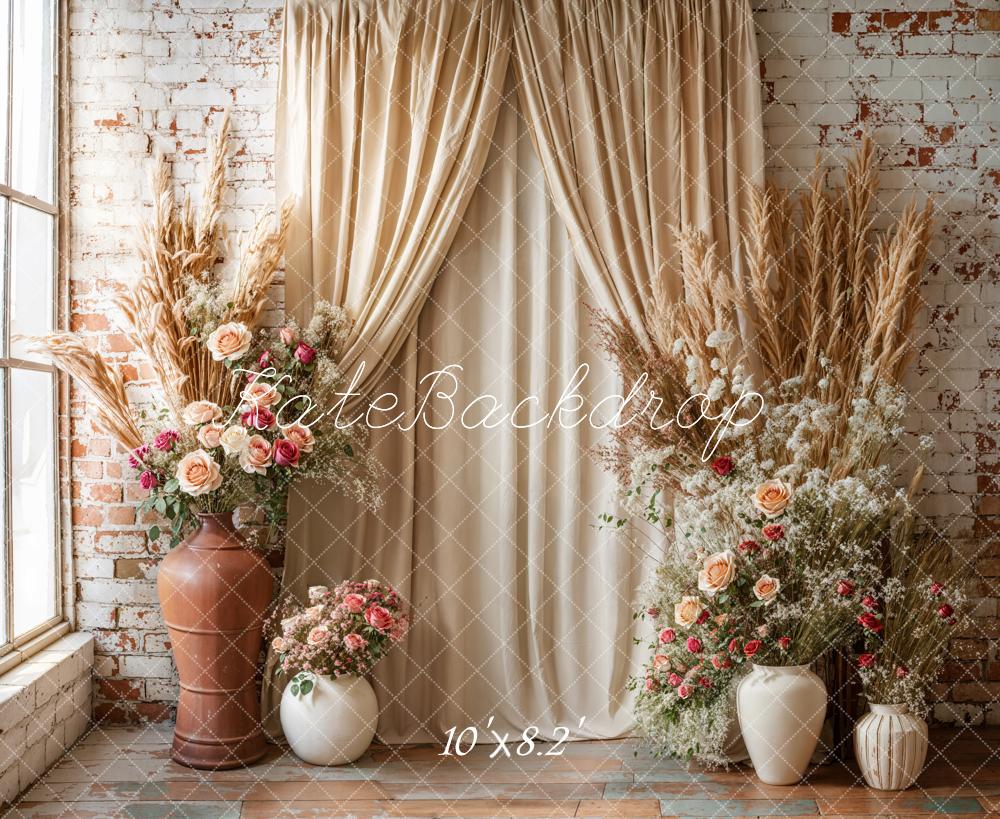 Kate Boho Blumen Vorhänge Ziegelmauer Hintergrund entworfen von Emetselch - Kate Backdrop.de