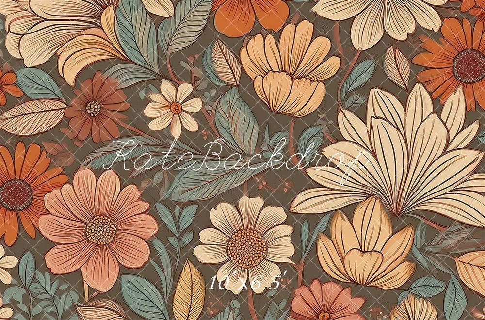 Kate Retro-Blumenmuster in Koralle, Teal und Elfenbein Hintergrund von Mandy Ringe Fotografie - Kate Backdrop.de