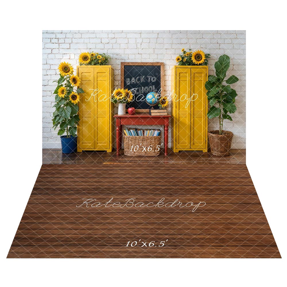 Kate Zurück zu Schule Schließfächer Sonnenblume Chalkboard Hintergrund+Brauner Holzboden Hintergrund - Kate Backdrop.de