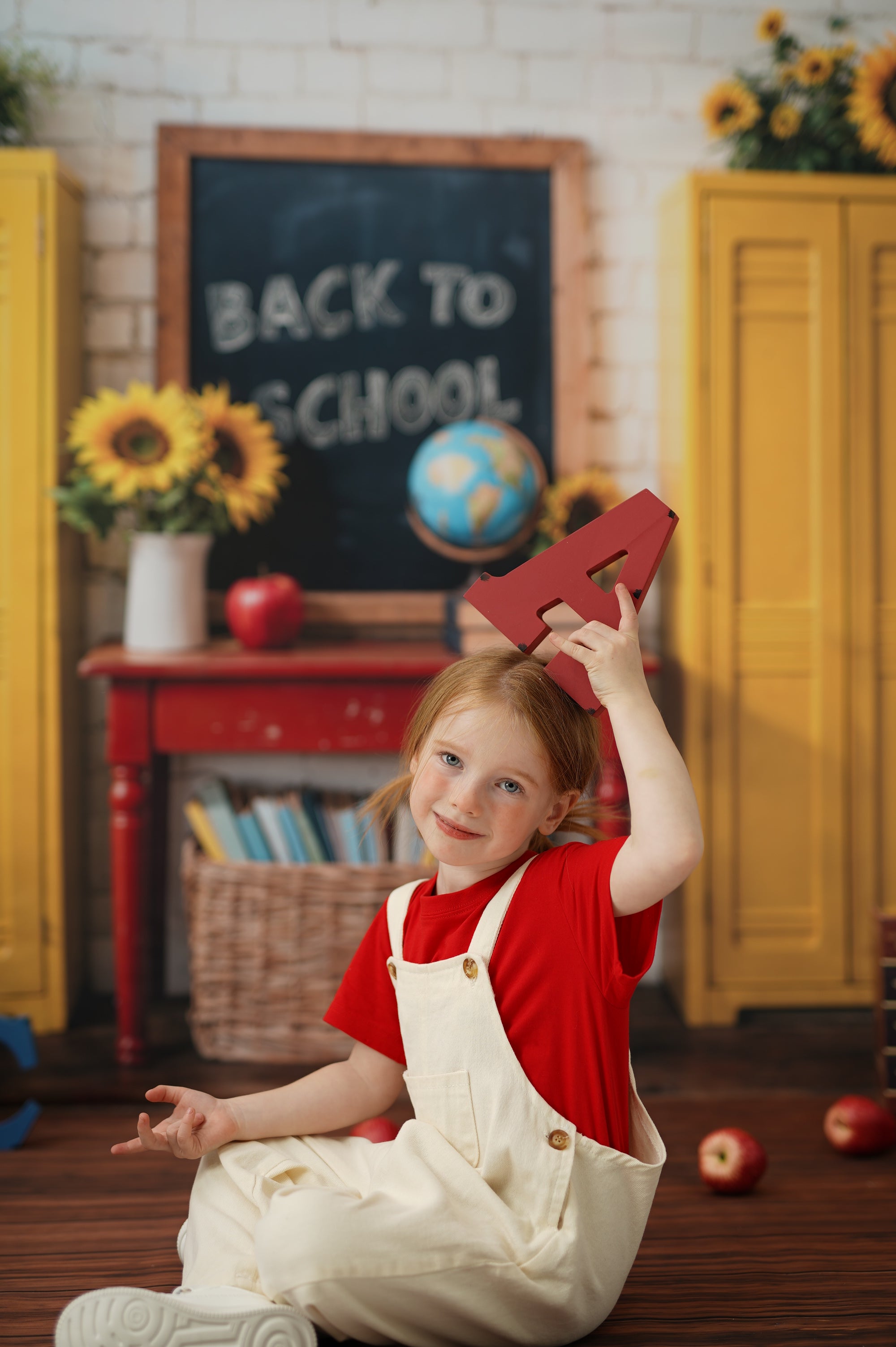 Kate Zurück zu Schule Schließfächer Sonnenblume Chalkboard Hintergrund+Brauner Holzboden Hintergrund - Kate Backdrop.de