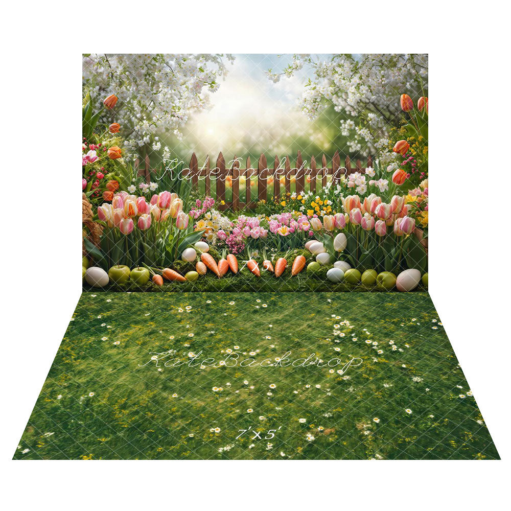 Kate Ostern Garten Floral Karotten Zaun Hintergrund+Frühling Gras Weiße Blume Boden Hintergrund - Kate Backdrop.de