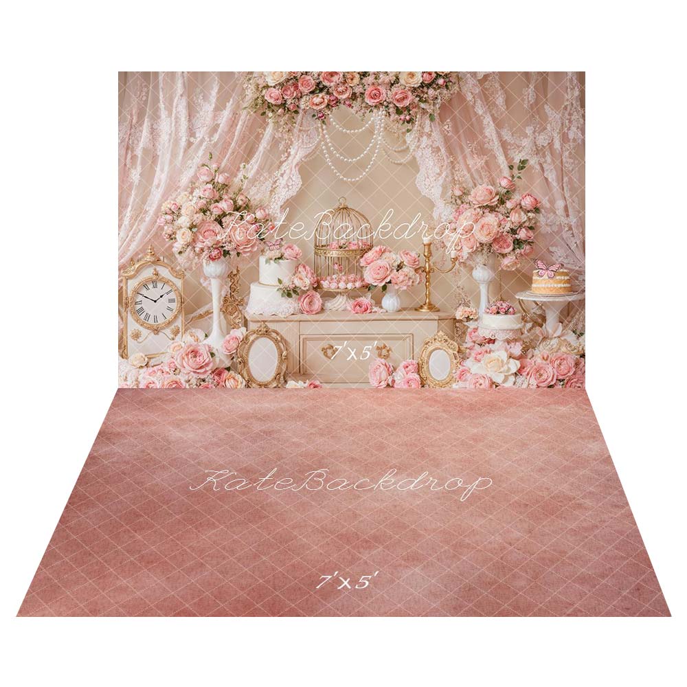 Kate Eleganter Vogelkäfig aus rosa Floralspitze Hintergrund+Rosa und weißer Verlaufsboden  Hintergrund - Kate Backdrop.de