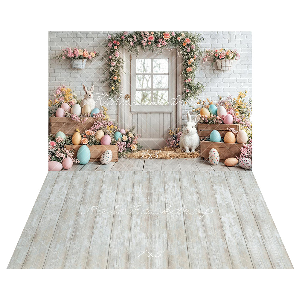 Kate Ostern Hase Blumen Ei Weiß Tür  Hintergrund+Vintage-Holzdielenboden mit Textur  Hintergrund - Kate Backdrop.de