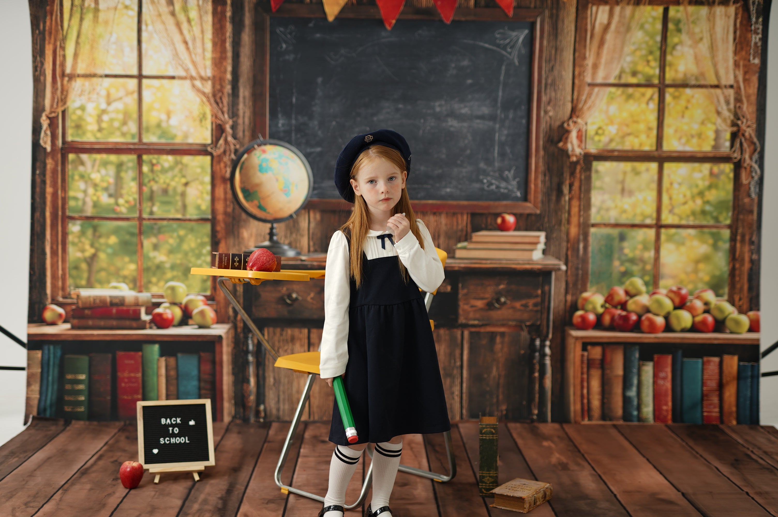 Kate Graduation Klassenzimmer zurück zu Schule Chalkboard Fenster Bücherregal Hintergrund entworfen von Emetselch - Kate Backdrop.de