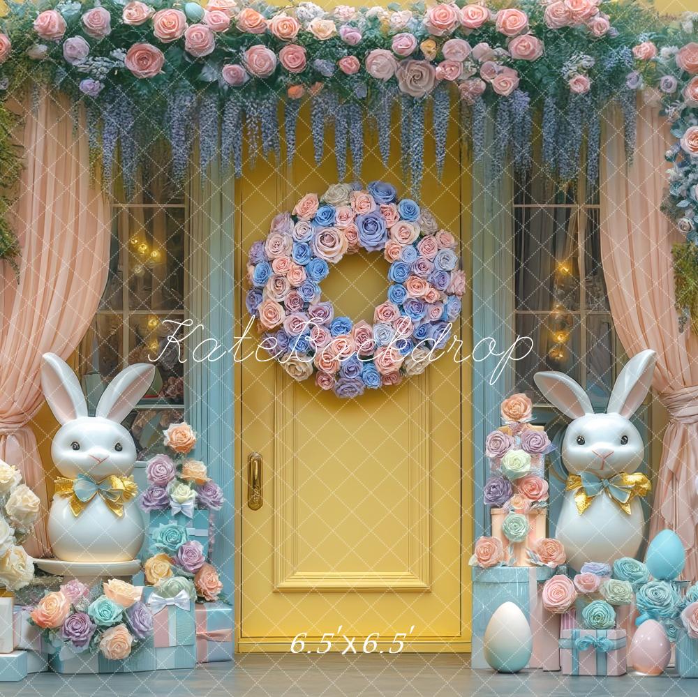 Kate Ostern Häschen Blumen Gelbe Tür Hintergrund Entworfen von Mini MakeBelieve - Kate Backdrop.de