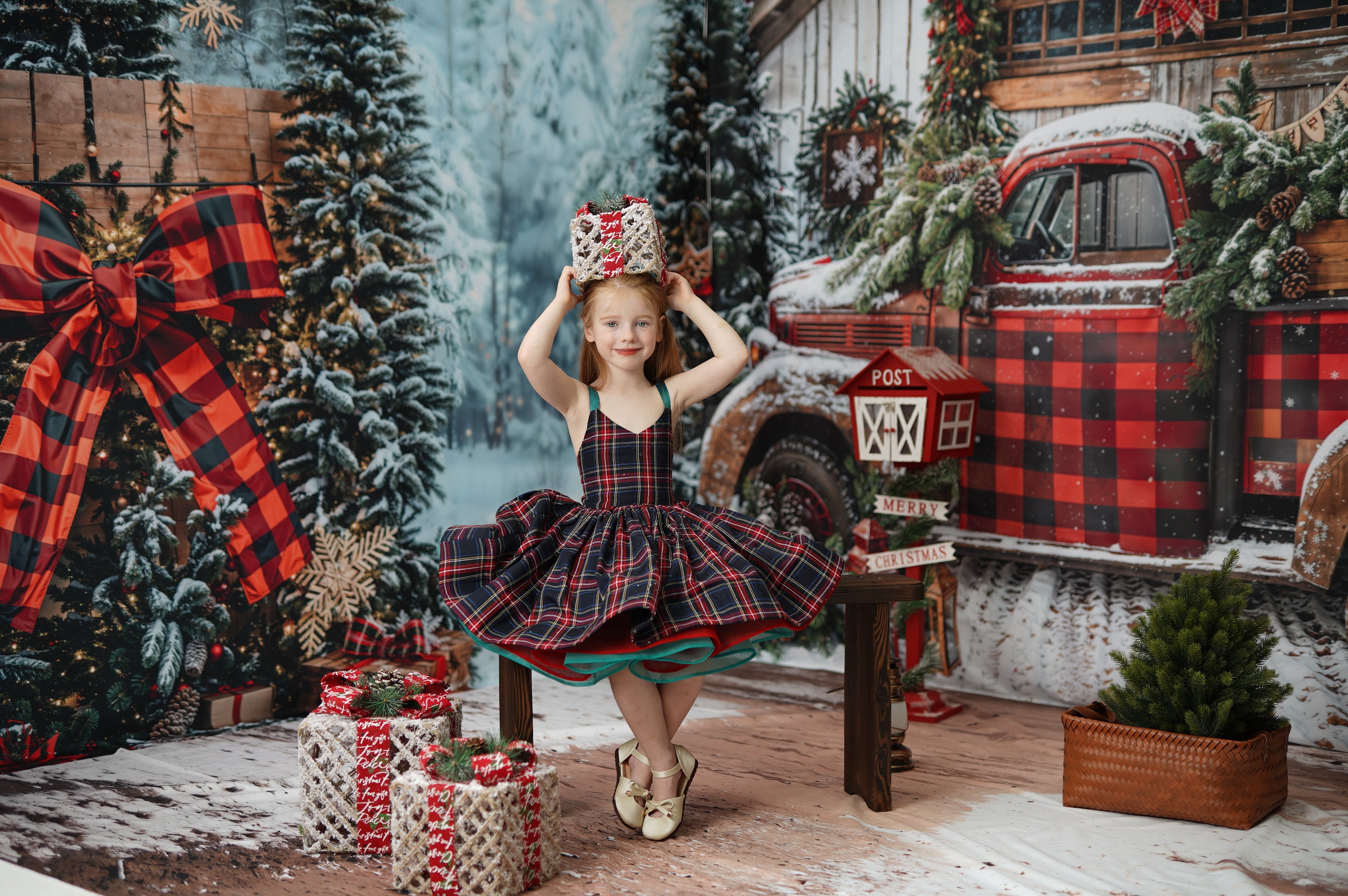 Kate Weihnachten Rot kariert LKW Kabine Schnee Raum Hintergrund-Set