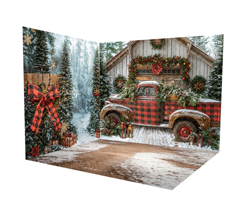 Kate Weihnachten Rot kariert LKW Kabine Schnee Raum Hintergrund-Set