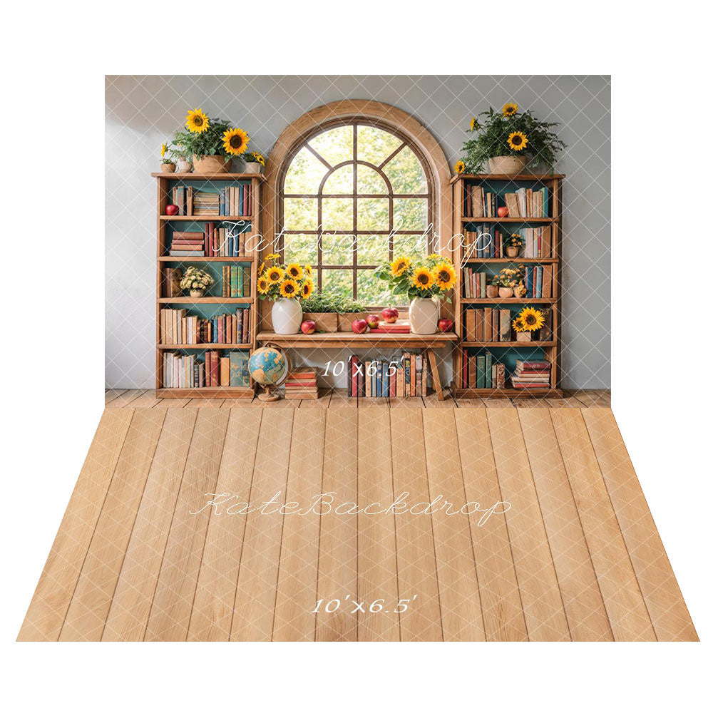 Kate Graduation Sonnenblume Bücherregal Fenster Hintergrund+Hellbrauner Holzboden mit Muster Hintergrund - Kate Backdrop.de