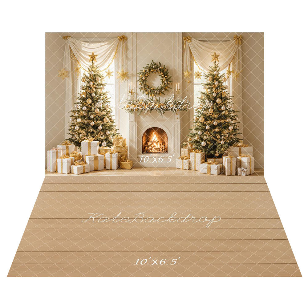 Kate Weihnachten Baum Kamin Kranz Geschenke Hintergrund+Beige Holzboden Hintergrund