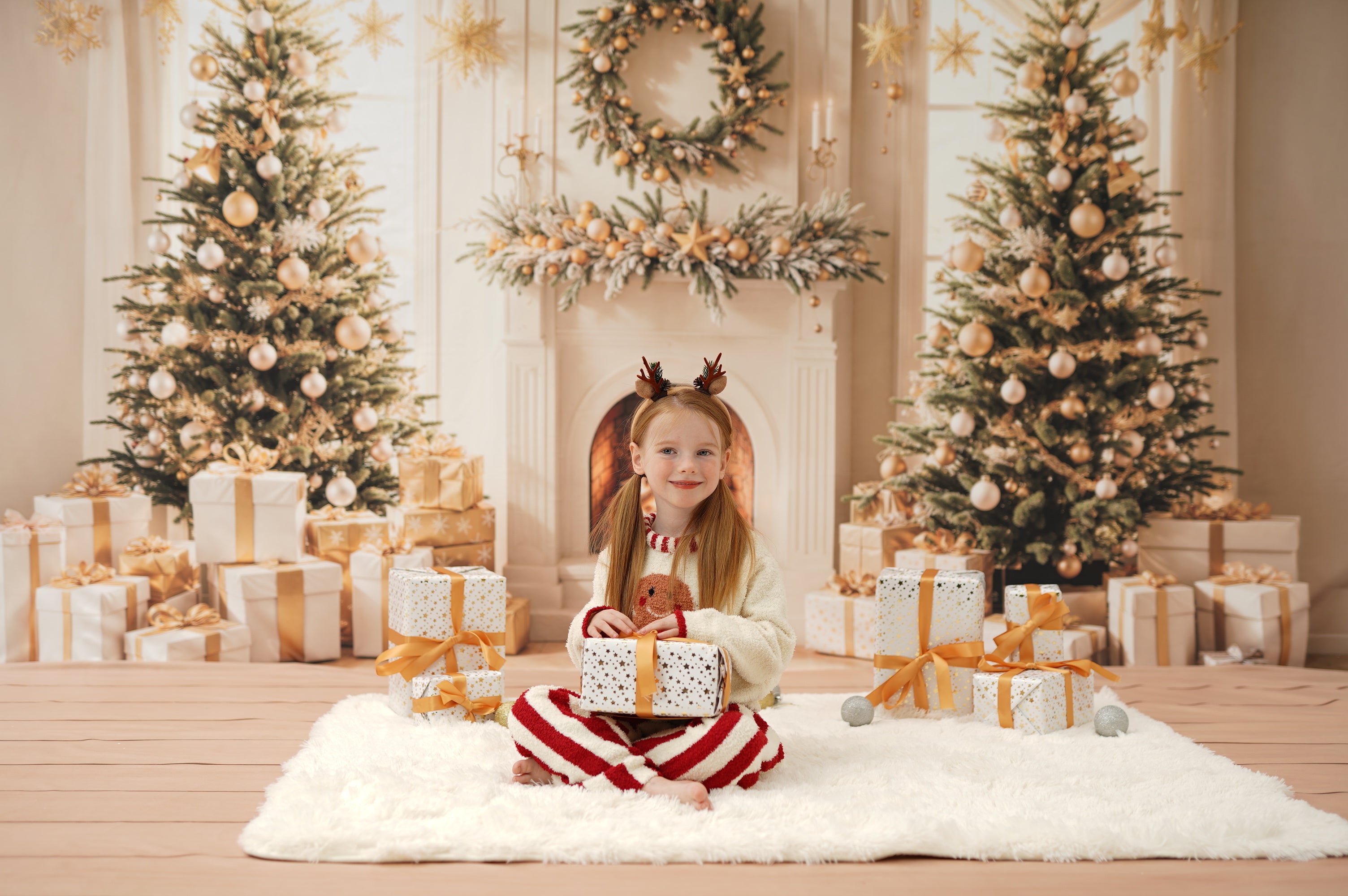 Kate Weihnachten Baum Kamin Kranz Geschenke Hintergrund+Beige Holzboden Hintergrund