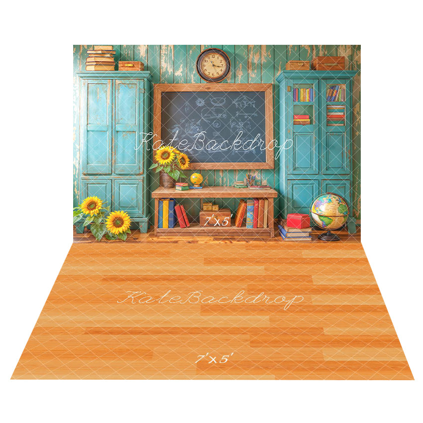 Kate Graduation Kreidetafel Vintage Blau Schränke Hintergrund+Orangefarbener Holzboden Hintergrund