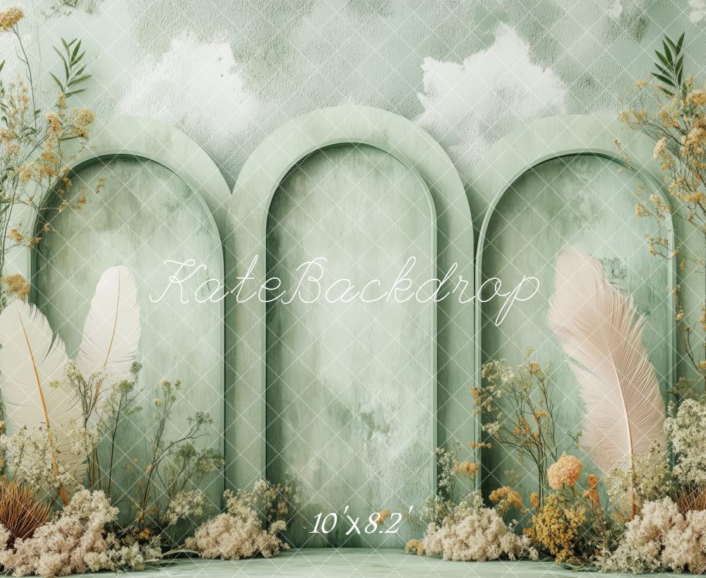 Kate Boho Blumen Grün gewölbte Paneele Hintergrund von Patty Roberts - Kate Backdrop.de