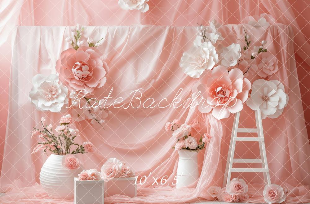 Kate Frühling Blumen Rosa Drapierte Leiter Hintergrund von Patty Roberts - Kate Backdrop.de