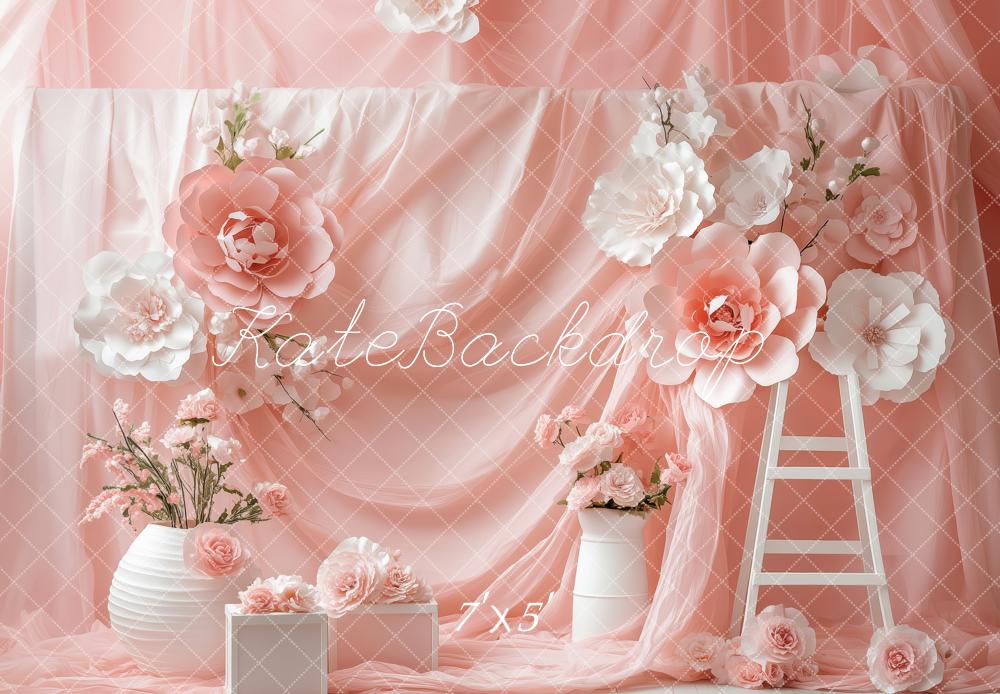 Kate Frühling Blumen Rosa Drapierte Leiter Hintergrund von Patty Roberts - Kate Backdrop.de