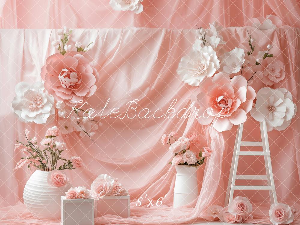 Kate Frühling Blumen Rosa Drapierte Leiter Hintergrund von Patty Roberts - Kate Backdrop.de