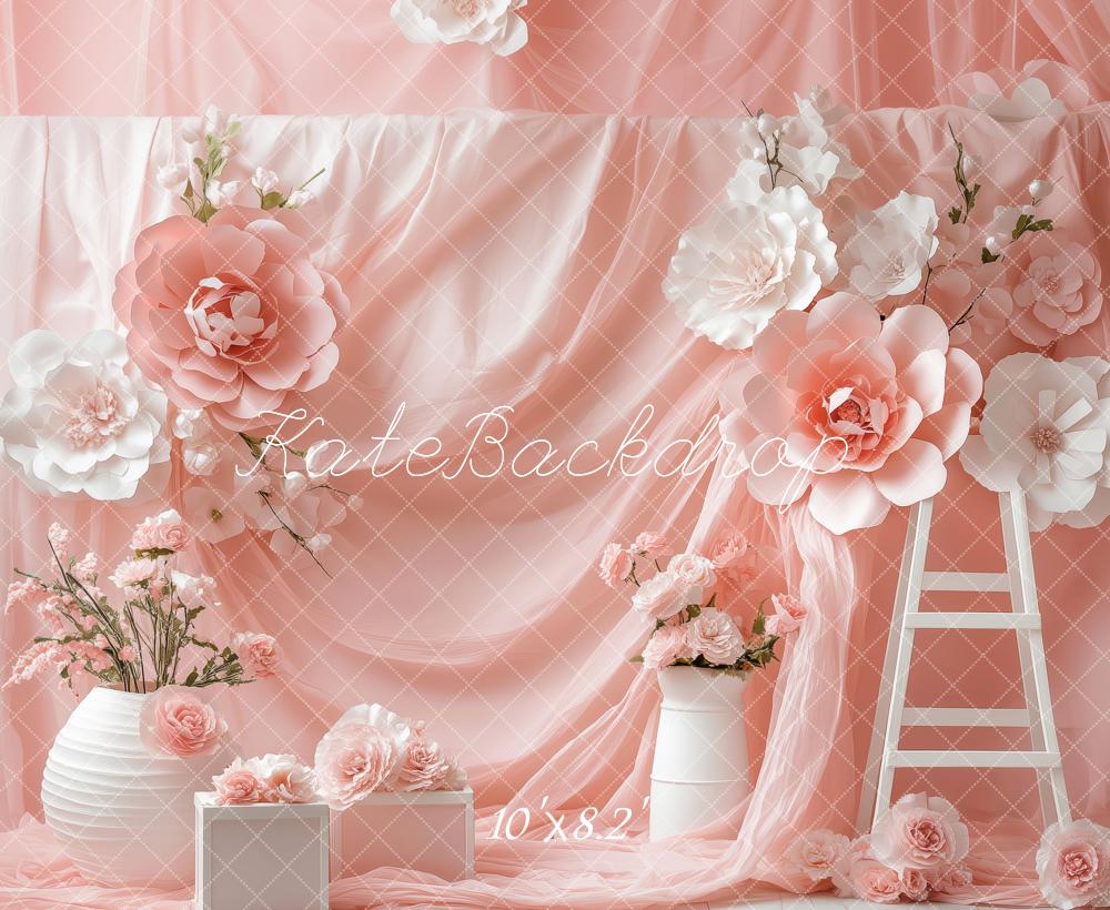 Kate Frühling Blumen Rosa Drapierte Leiter Hintergrund von Patty Roberts - Kate Backdrop.de