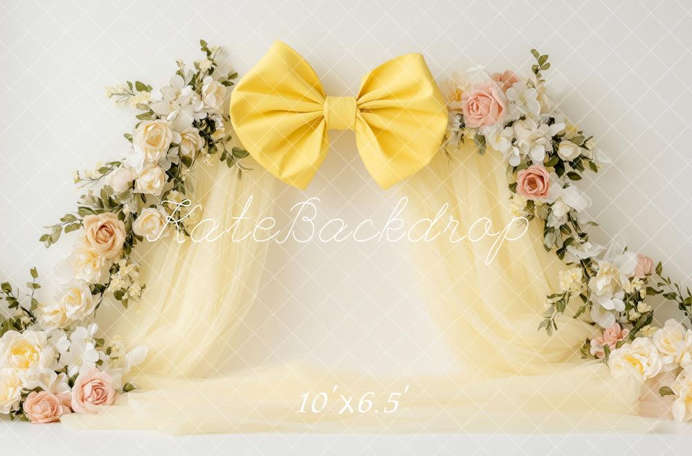 Kate Frühlings Blumen Bogen Gelbe Schleife Hintergrund von Patty Roberts - Kate Backdrop.de