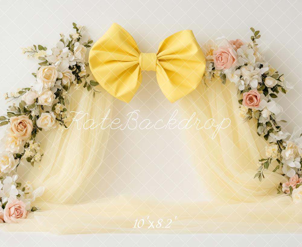 Kate Frühlings Blumen Bogen Gelbe Schleife Hintergrund von Patty Roberts - Kate Backdrop.de