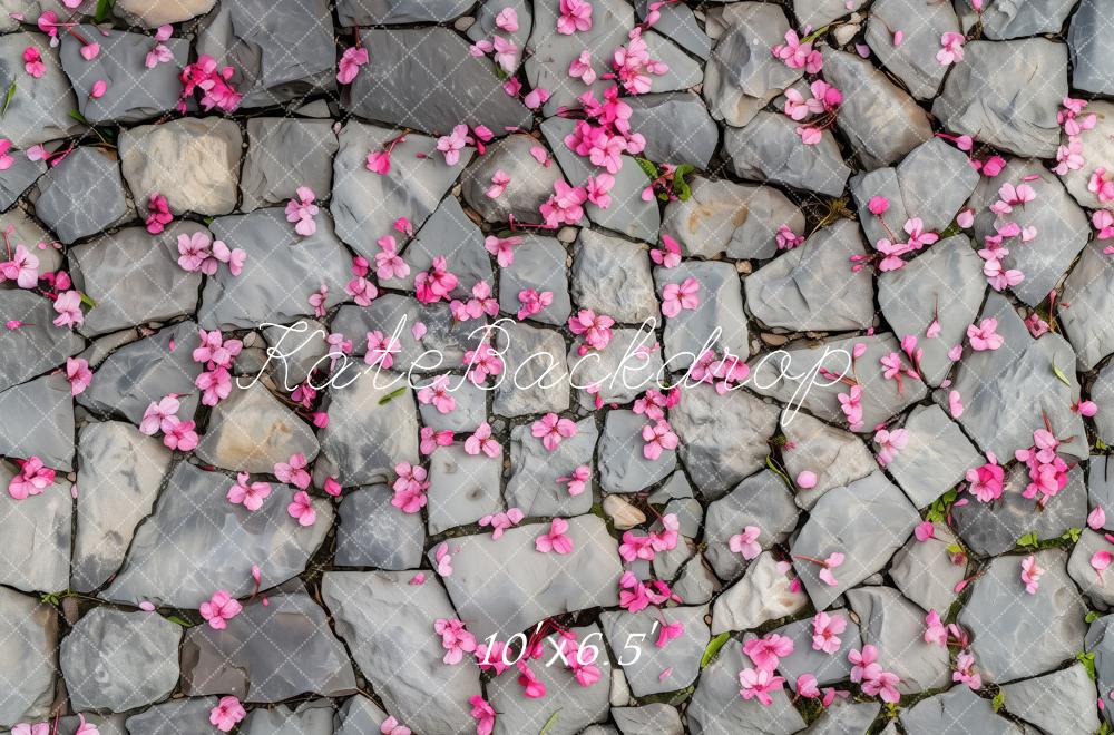 Kate Frühling Rosa Blütenblätter Pflasterstein Boden Hintergrund von Patty Roberts - Kate Backdrop.de