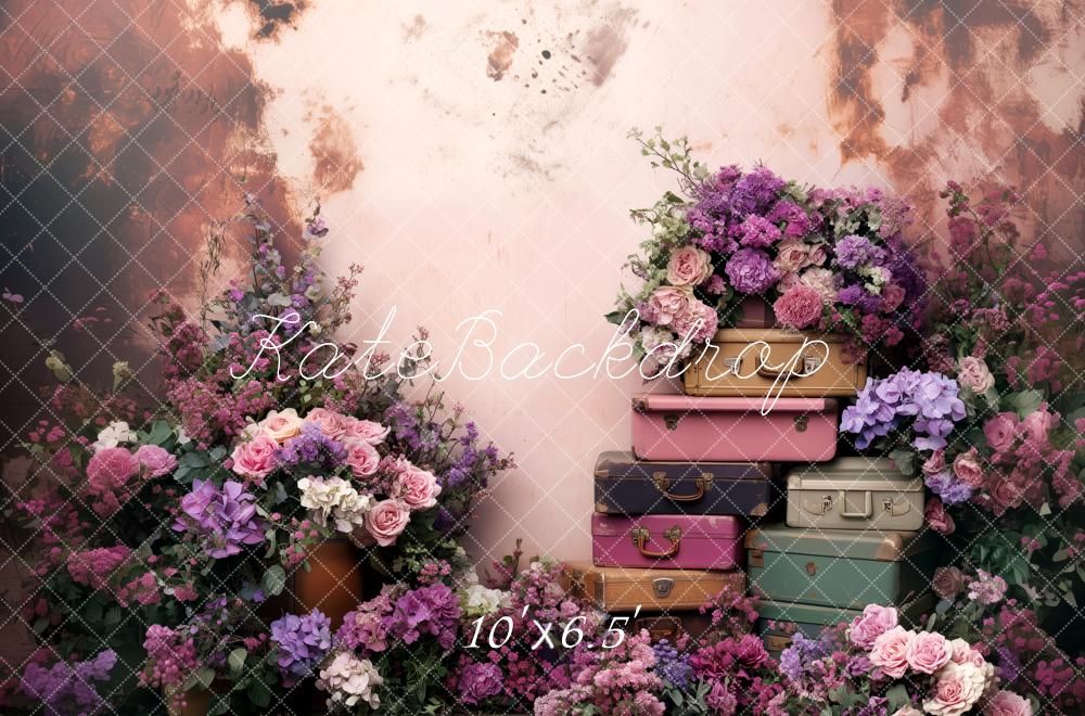 Kate Frühling Rosa Blumen volle Vintage-Koffer Hintergrund von Patty Roberts - Kate Backdrop.de