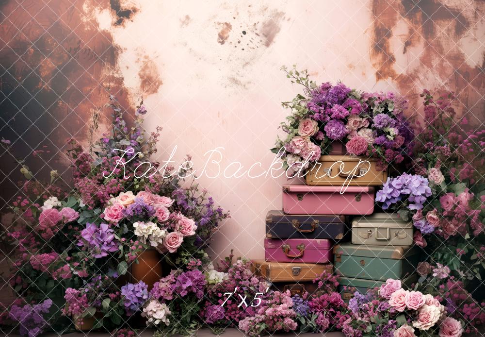 Kate Frühling Rosa Blumen volle Vintage-Koffer Hintergrund von Patty Roberts - Kate Backdrop.de