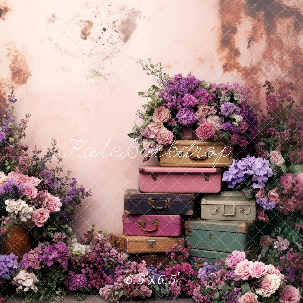 Kate Frühling Rosa Blumen volle Vintage-Koffer Hintergrund von Patty Roberts - Kate Backdrop.de