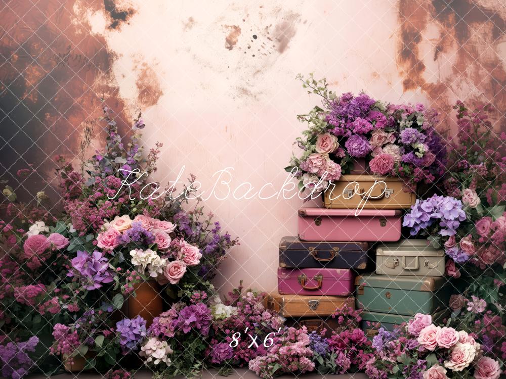 Kate Frühling Rosa Blumen volle Vintage-Koffer Hintergrund von Patty Roberts - Kate Backdrop.de