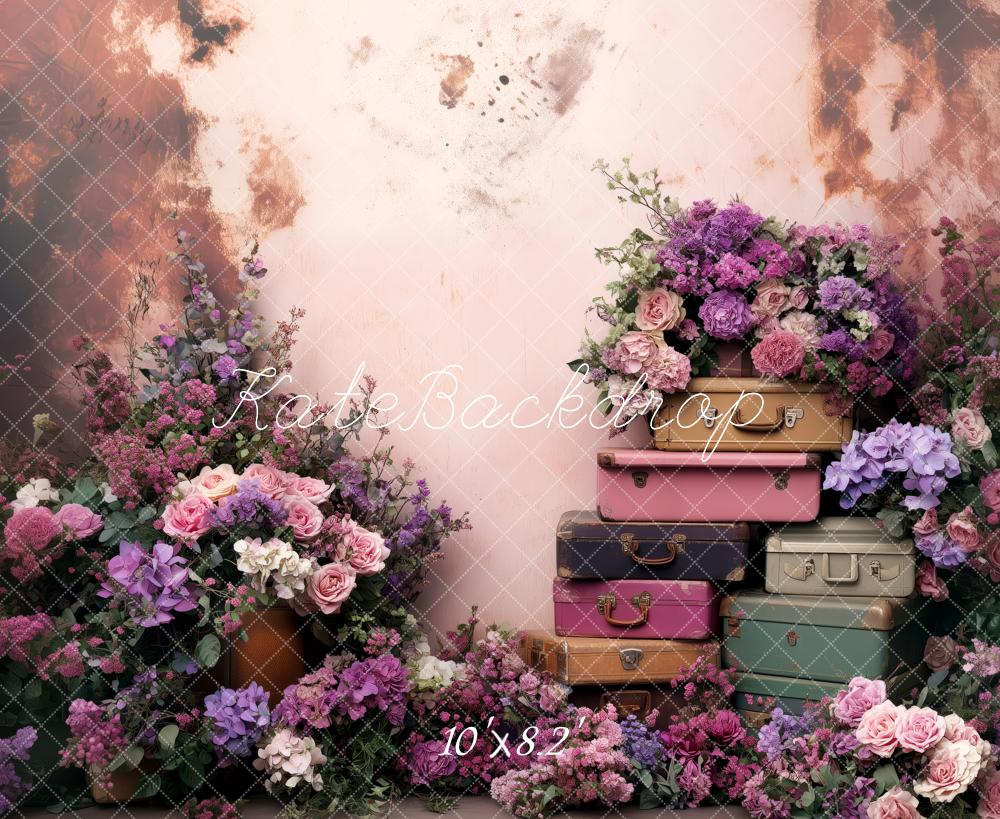 Kate Frühling Rosa Blumen volle Vintage-Koffer Hintergrund von Patty Roberts - Kate Backdrop.de