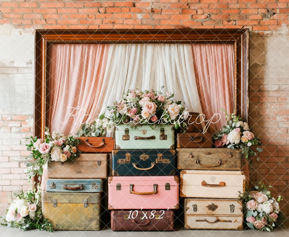 Kate Frühling Rosa Blumen volle Vintage-Koffer Hintergrund von Patty Roberts - Kate Backdrop.de