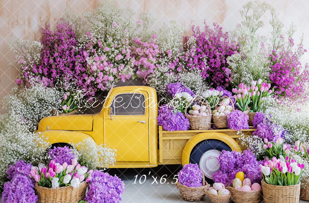Kate Frühling Ostern Gelber Laster mit lila Blume Hintergrund von Patty Roberts - Kate Backdrop.de