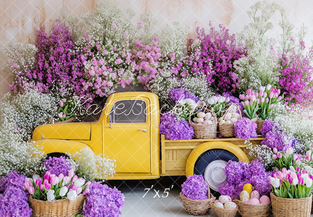 Kate Frühling Ostern Gelber Laster mit lila Blume Hintergrund von Patty Roberts - Kate Backdrop.de