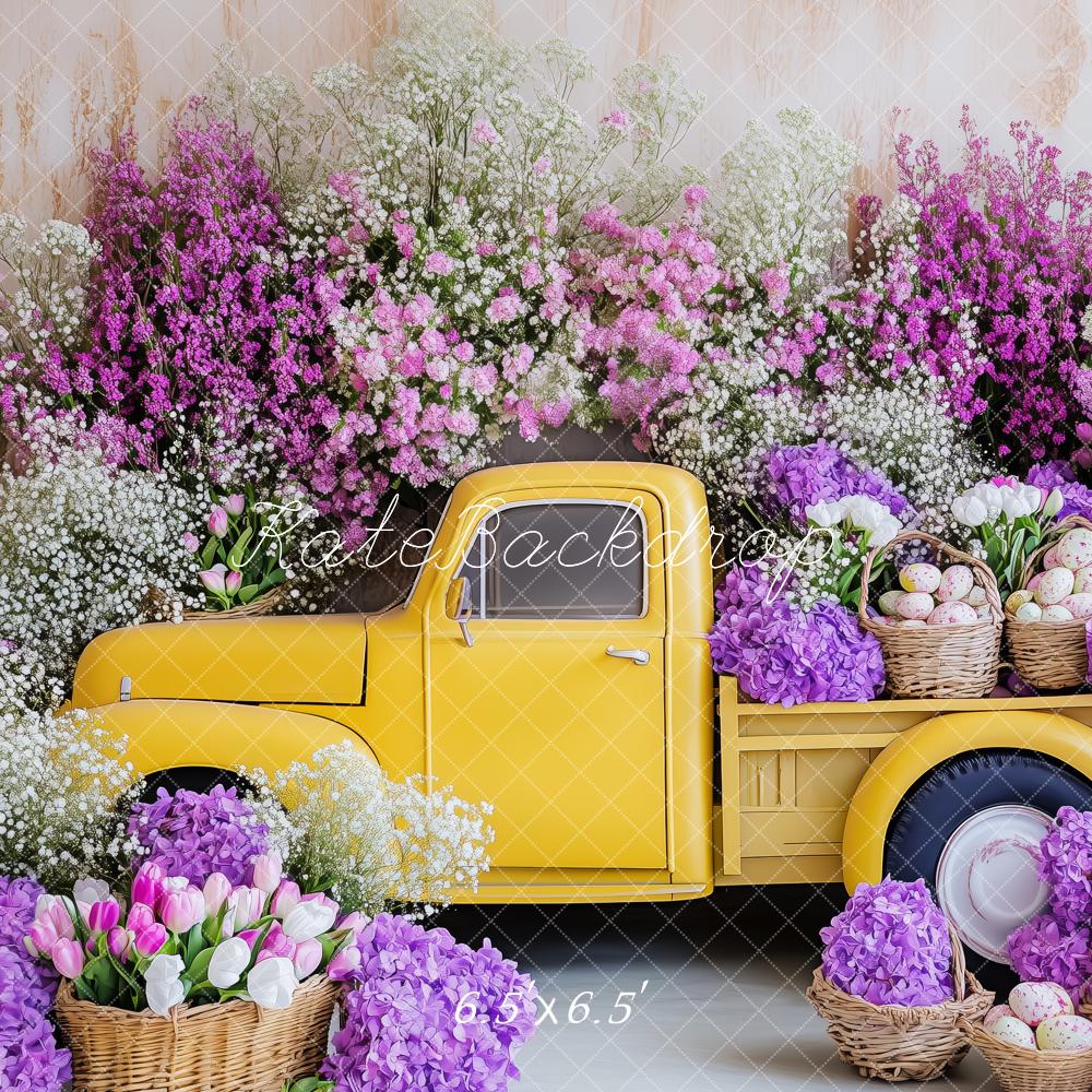 Kate Frühling Ostern Gelber Laster mit lila Blume Hintergrund von Patty Roberts - Kate Backdrop.de