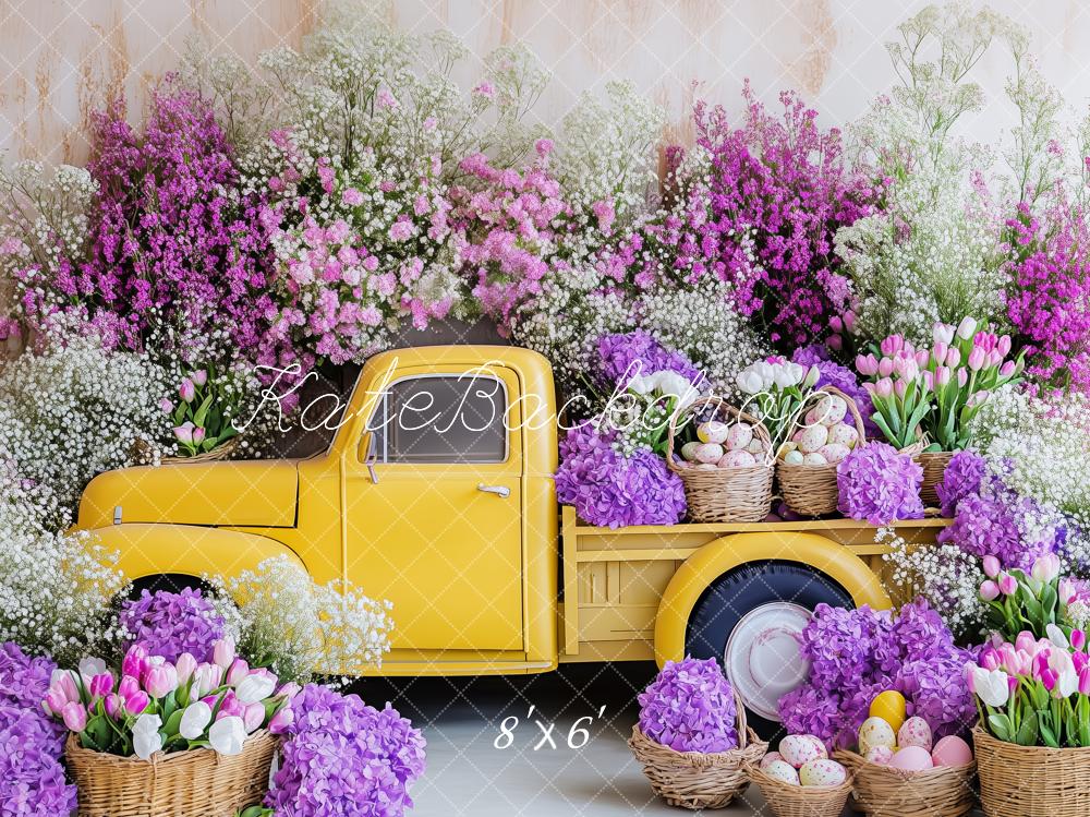 Kate Frühling Ostern Gelber Laster mit lila Blume Hintergrund von Patty Roberts - Kate Backdrop.de