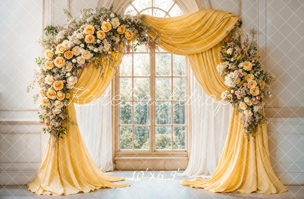 Kate Eleganter Blumenbogen Gelbe Vorhänge Hintergrund entworfen von Emetselch - Kate Backdrop.de