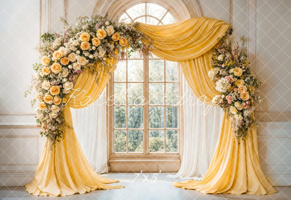 Kate Eleganter Blumenbogen Gelbe Vorhänge Hintergrund entworfen von Emetselch - Kate Backdrop.de