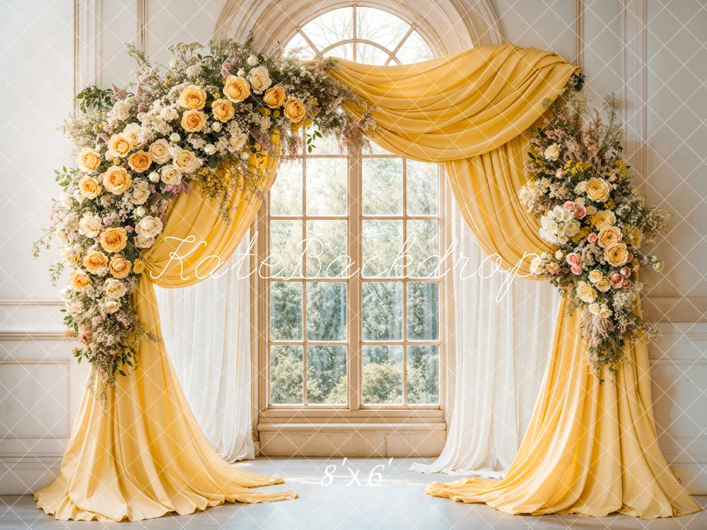 Kate Eleganter Blumenbogen Gelbe Vorhänge Hintergrund entworfen von Emetselch - Kate Backdrop.de
