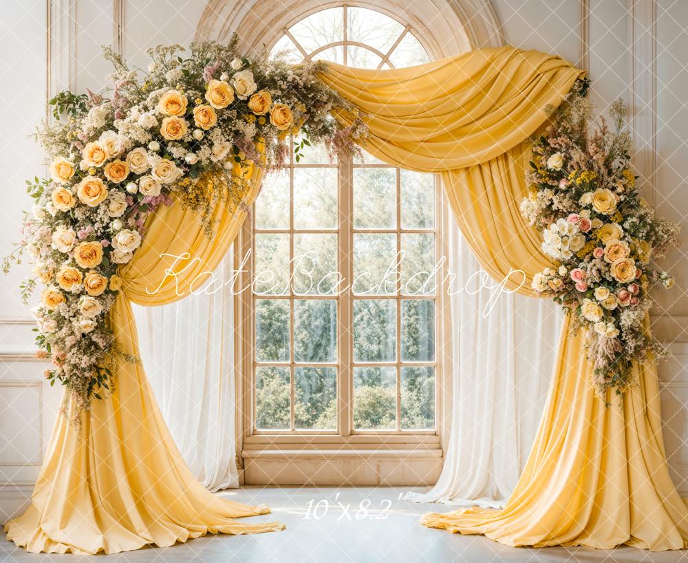 Kate Eleganter Blumenbogen Gelbe Vorhänge Hintergrund entworfen von Emetselch - Kate Backdrop.de