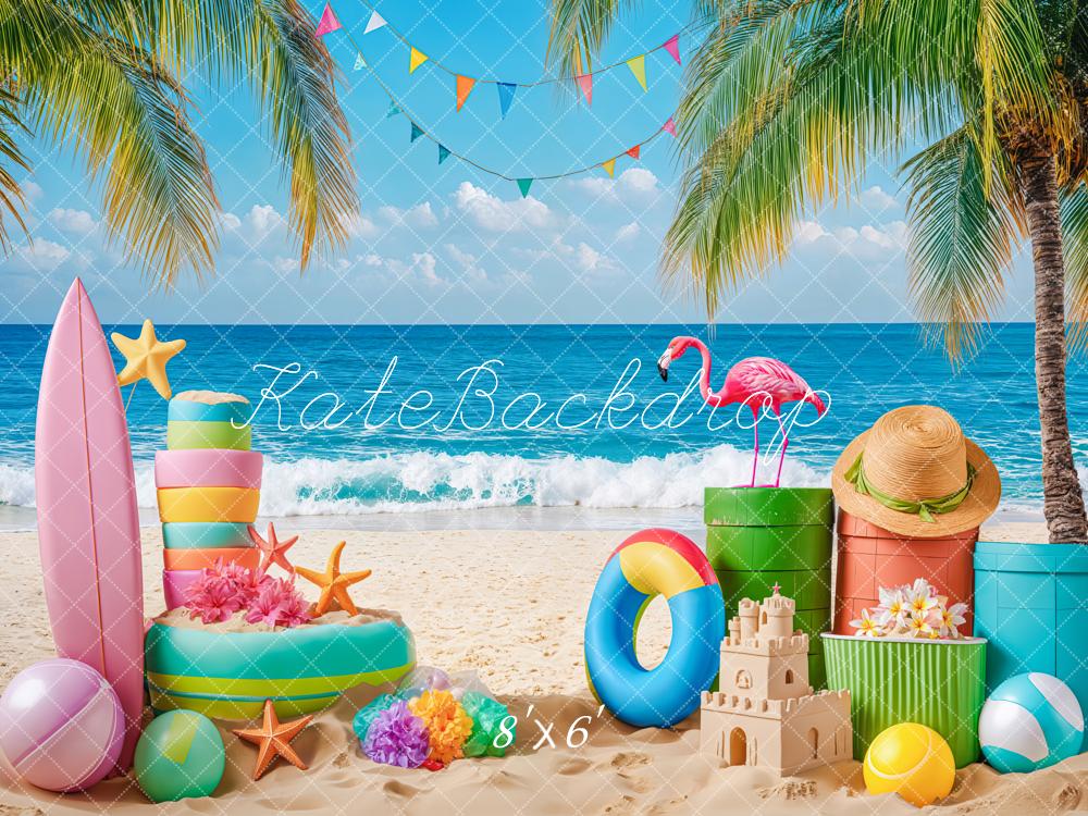 Kate Sommer Strand Flamingo Palm Surfbrett Hintergrund Von Kate - Kate Backdrop.de