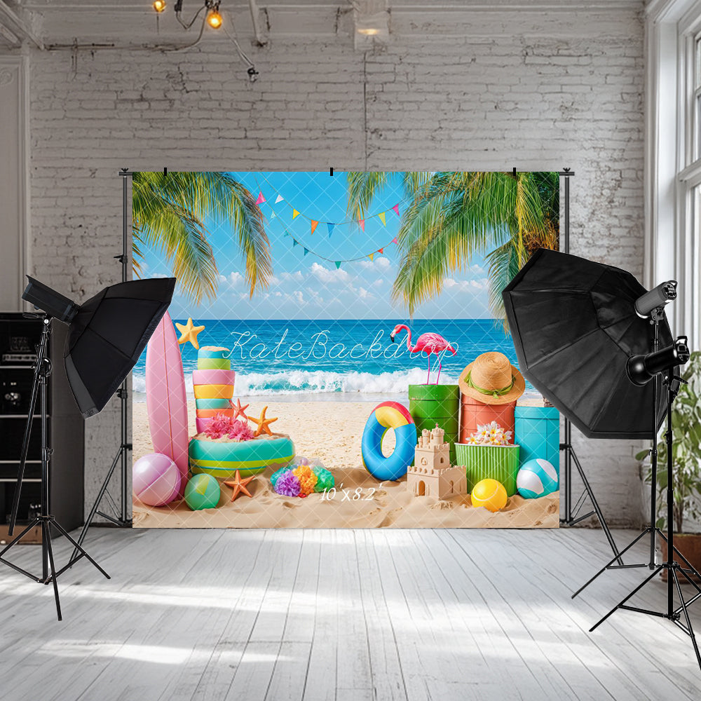 Kate Sommer Strand Flamingo Palm Surfbrett Hintergrund Von Kate - Kate Backdrop.de